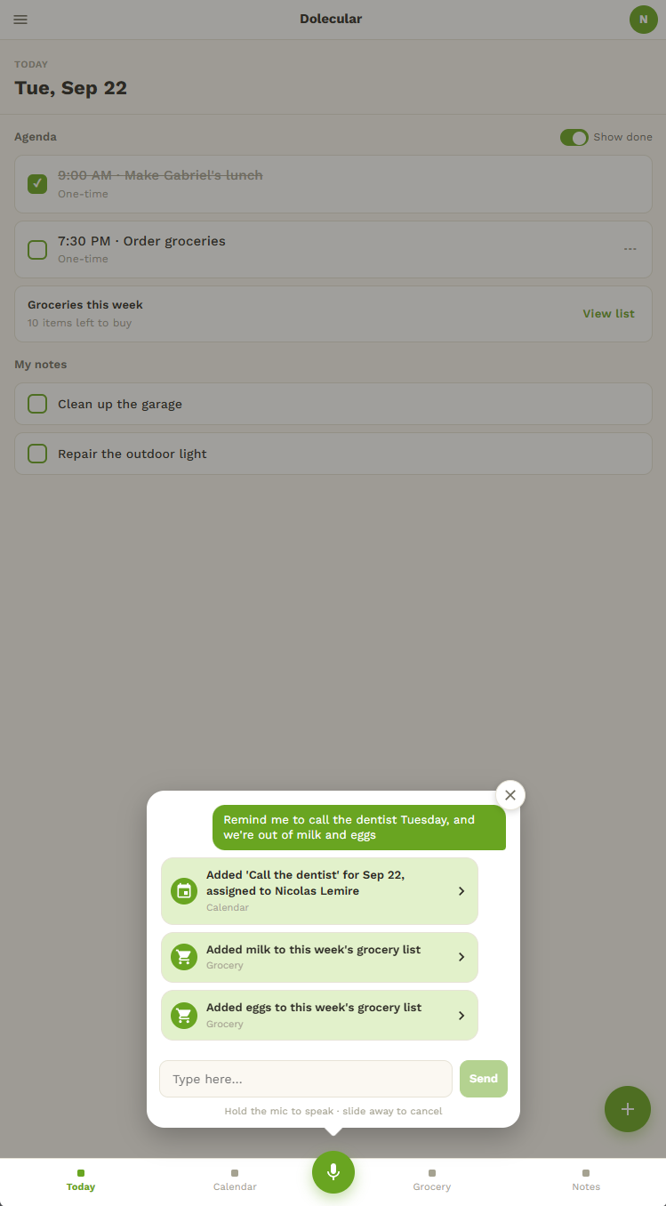 Dolecular's Today screen after saying "Remind me to call the dentist Tuesday, and we're out of milk and eggs" - a reminder and two grocery items appear, already sorted.
