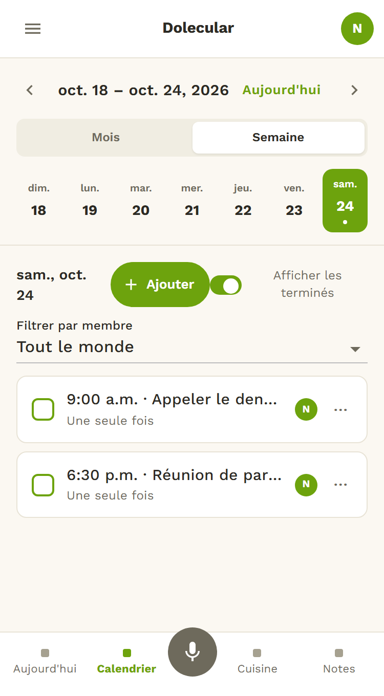 Le calendrier de Dolecular : la semaine en un coup d'œil, avec les rappels du jour et un filtre par membre de la famille.