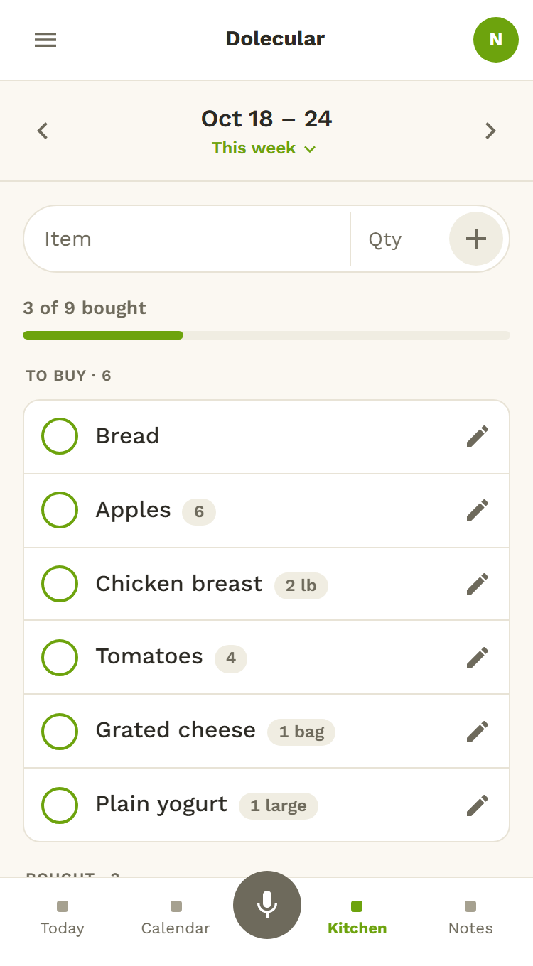 This week's grocery list in Dolecular: items to buy with their quantity, three of nine already ticked off.