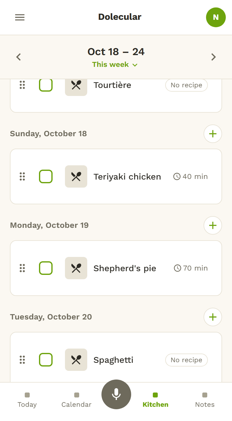 The week's meals in Dolecular: Sunday teriyaki chicken, Monday shepherd's pie, Tuesday spaghetti, with each recipe's time.