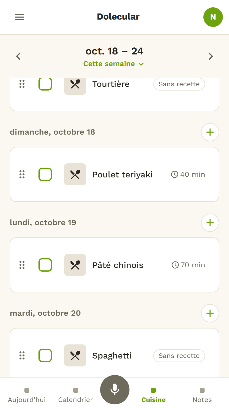Les repas de la semaine dans Dolecular : dimanche poulet teriyaki, lundi pâté chinois, mardi spaghetti, avec le temps de chaque recette.
