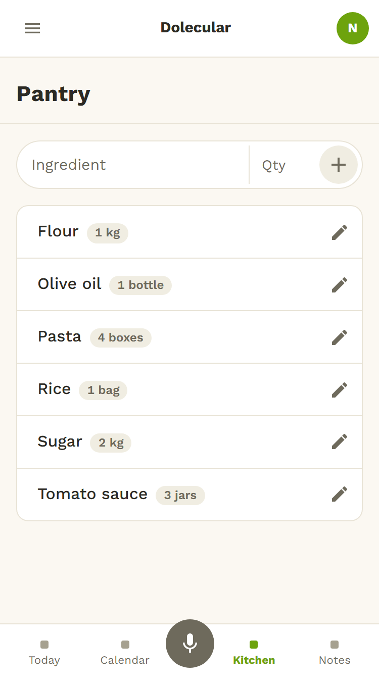 The pantry in Dolecular: what the family already has at home, with quantities.