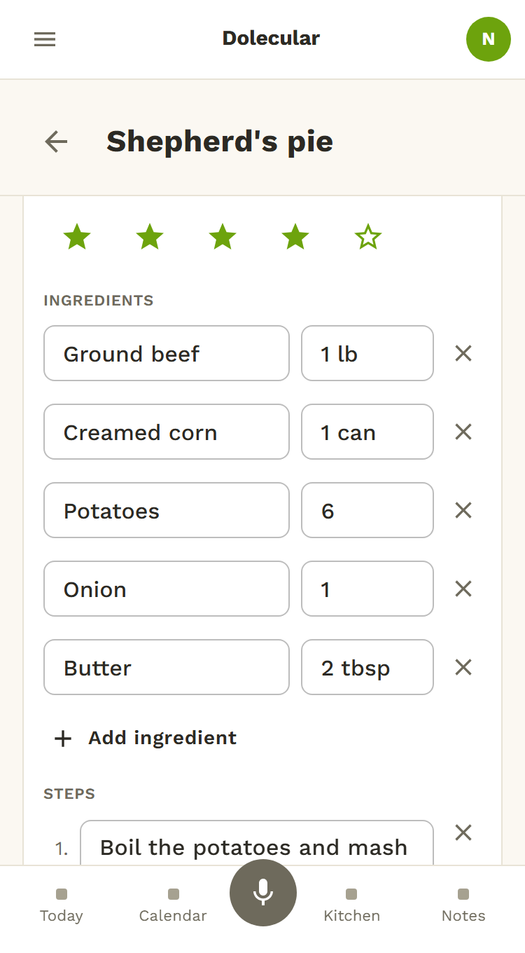 A filled-in recipe in Dolecular, a shepherd's pie: the ingredients with their quantities and the steps, ready to check.