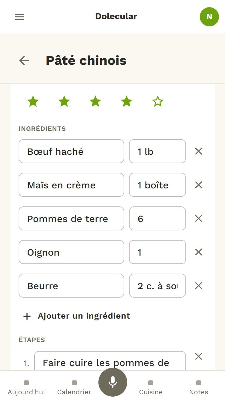 Une recette remplie dans Dolecular, le pâté chinois : les ingrédients avec leurs quantités et les étapes, prêts à être vérifiés.
