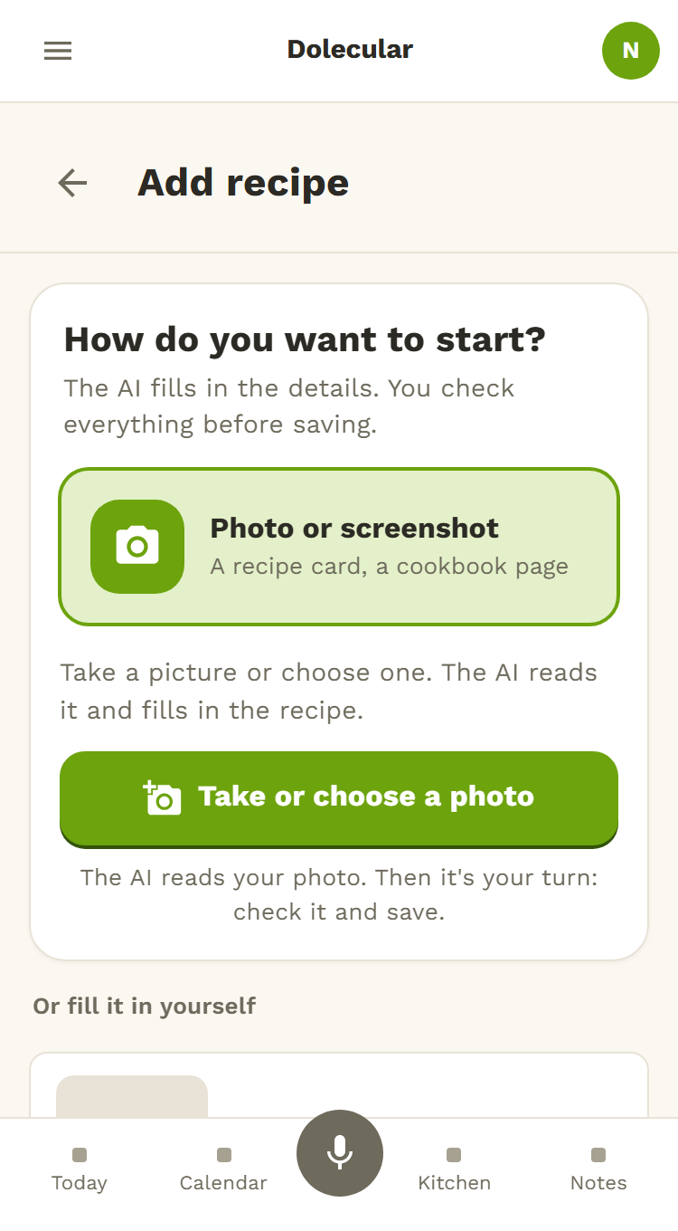 Dolecular's Add a recipe screen: you choose Photo or screenshot, then Take or choose a photo.