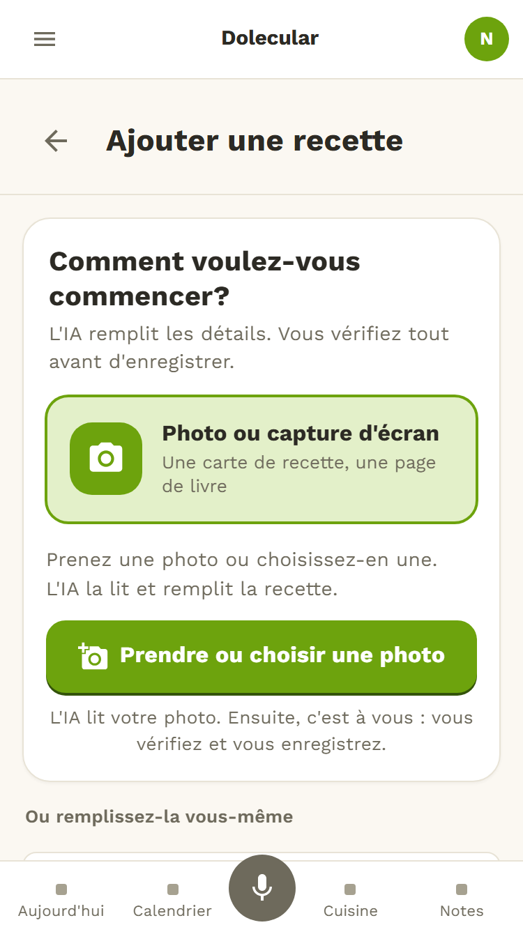 L'écran Ajouter une recette de Dolecular : on choisit Photo ou capture d'écran, puis Prendre ou choisir une photo.