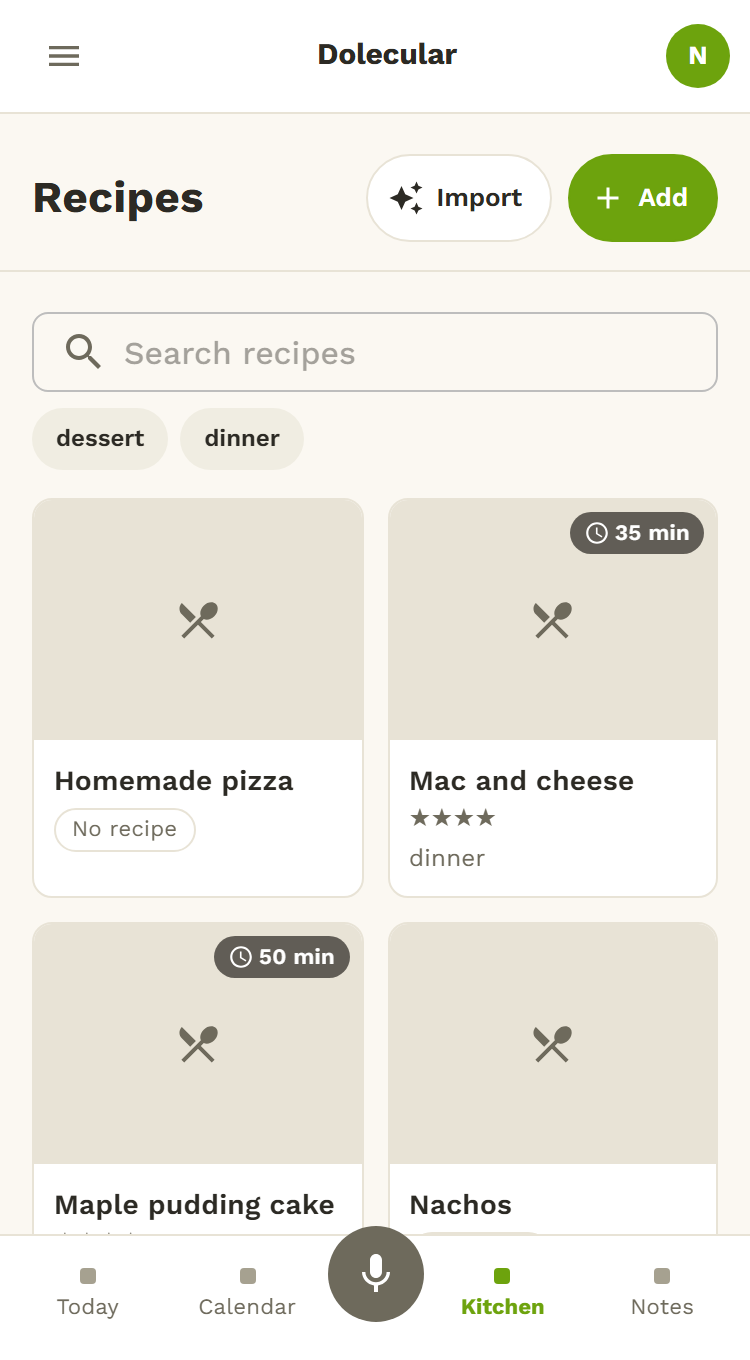 Dolecular's recipe book: the family's recipes with their time, rating and tags.