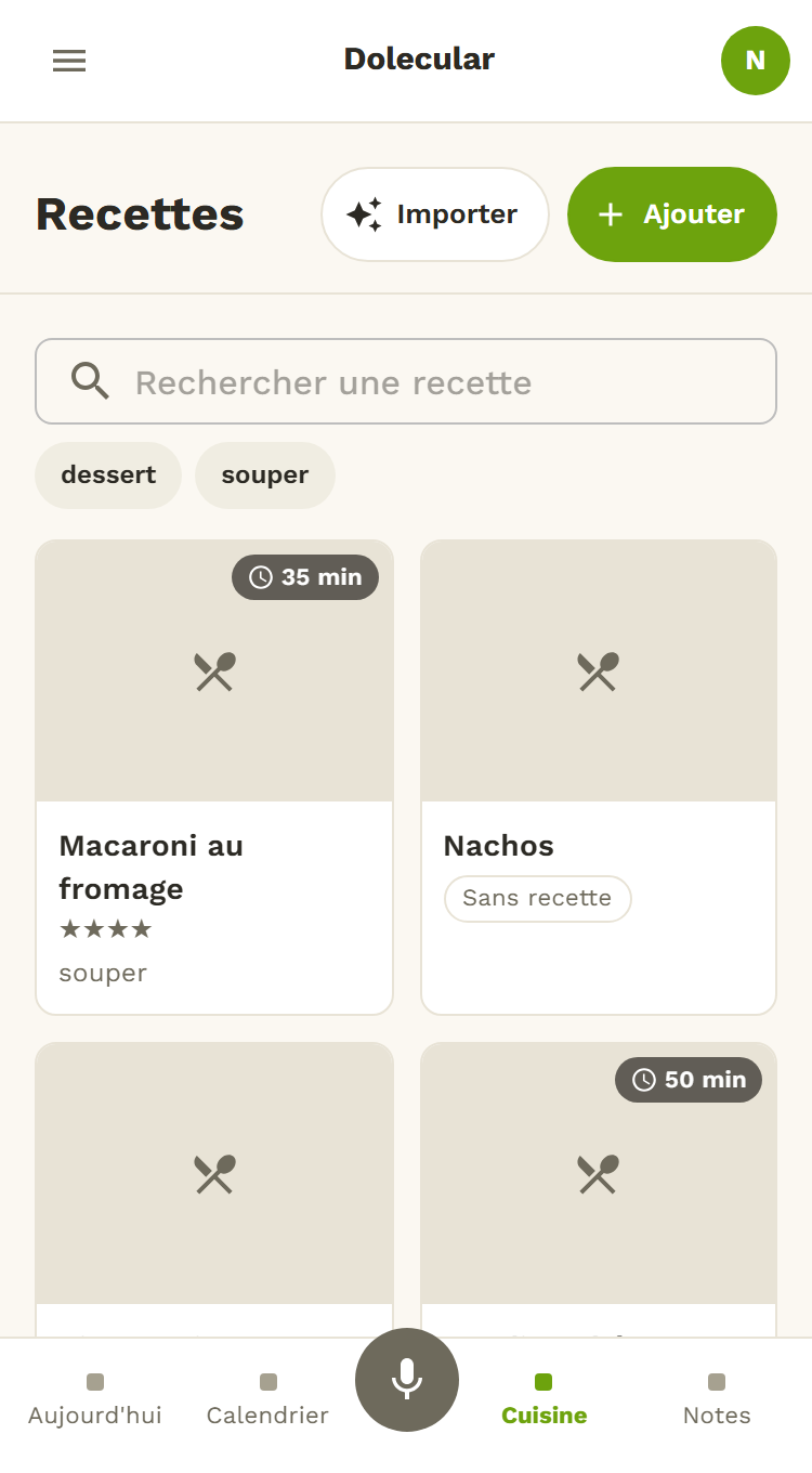 Le livre de recettes de Dolecular : les recettes de la famille avec leur temps, leur note et leurs étiquettes.