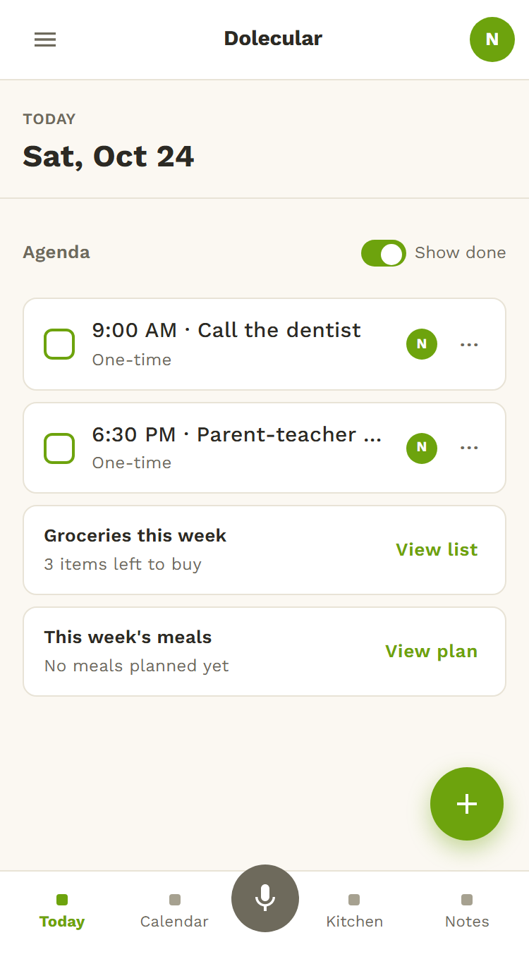 Dolecular's Today screen: the day's reminders, this week's grocery list and the week's meals.
