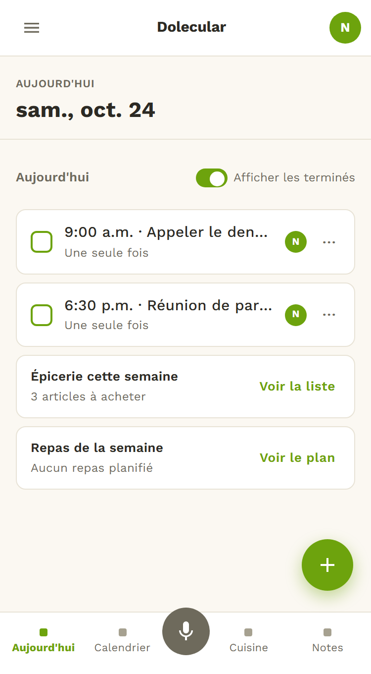 L'écran Aujourd'hui de Dolecular : les rappels du jour, la liste d'épicerie de la semaine et les repas de la semaine.